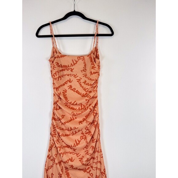 Nanushka Womens Dress Orange Alexa Scribble Logo Midi Bodycon Ruched Cami Small - Picture 10 of 12